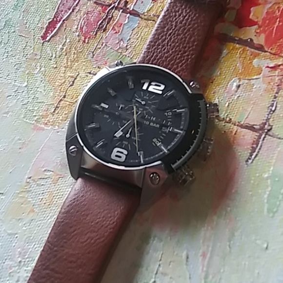 Diesel men's brown leather black face watch - Picture 6 of 7